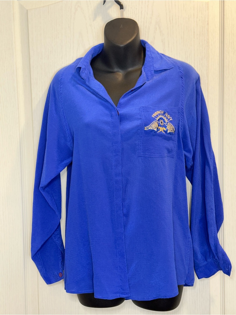 Vintage Oscar de la Renta  Embroidered Royal Blue silk  Long-Sleeve Button-Down